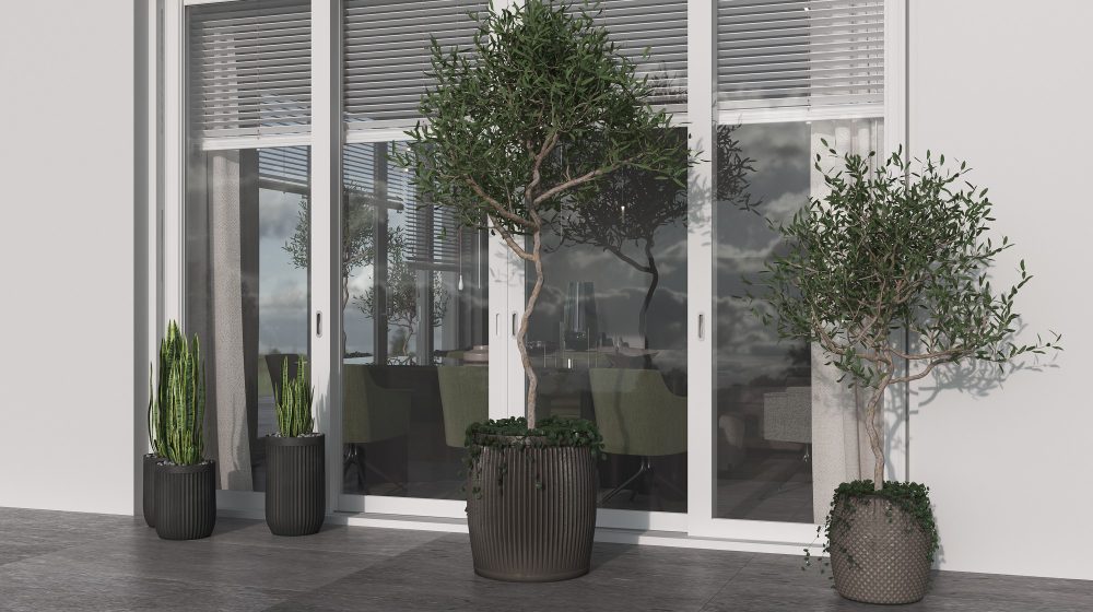 Concrete flower pots. Terrace arrangement in modern style